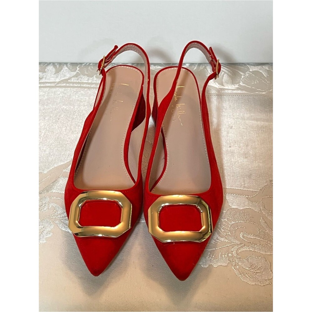 Nicole Miller 7.5 Red Pointed Slingback Heels with Gold Buckle